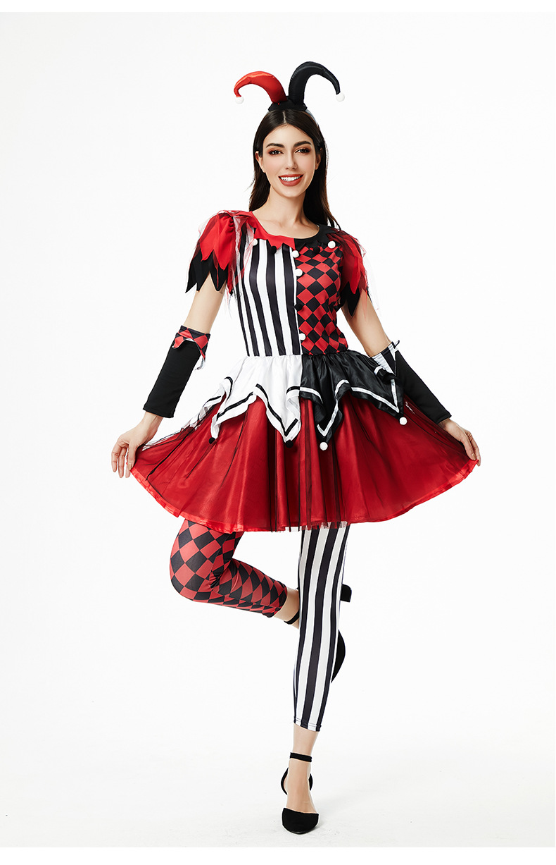 Adult Halloween Outfit Harlequin Jester Costume Red and Black Striped Dress